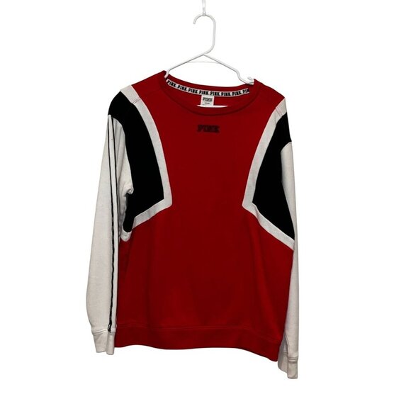 Pink Victorias Secret Red White Colorblock Long Sleeve Crewneck Women's Sweatshi - Picture 1 of 6